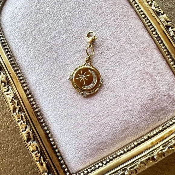 Moon & Star Charm Pendant 18k Gold PVD Stainless Steel Micro Crystals w/ Clasp - Picture 11 of 13